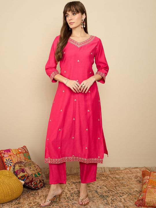 Indo Era Pink Embroidered Straight Kurta Trousers set