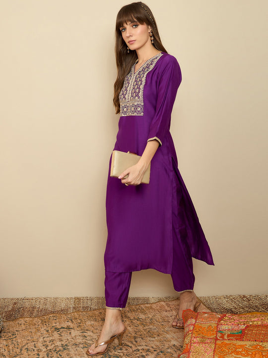 Indo Era Purple Printed Straight Kurta Trousers set