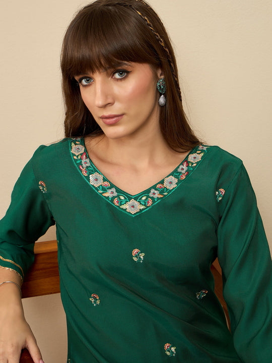 Indo Era Teal Embroidered Straight Kurta Palazzos Set