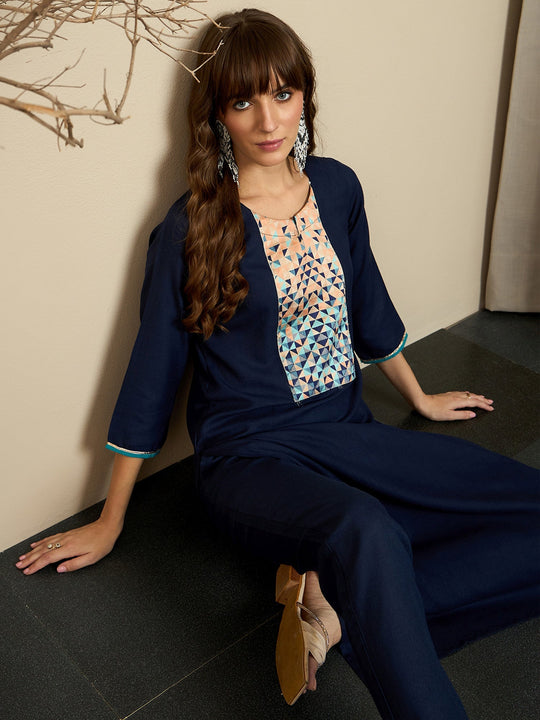Indo Era Navy Blue Solid Straight Kurta Palazzo Set