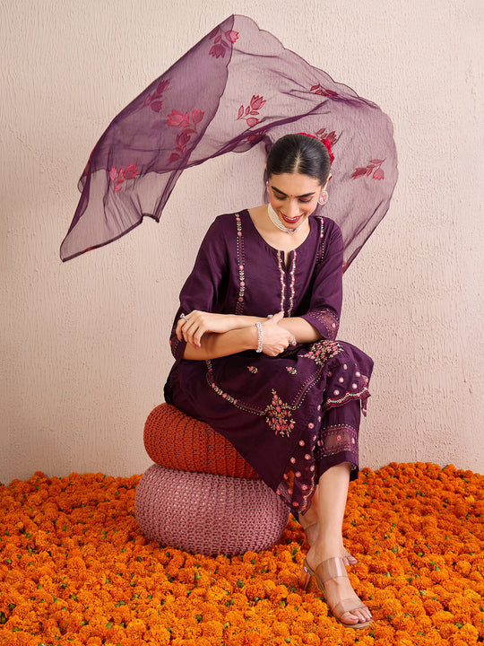 Indo Era Burgundy Embroidered Straight Kurta Trousers With Dupatta set