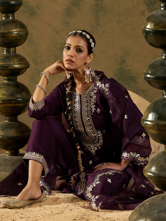 Indo Era Burgundy Embroidered Straight Kurta Trousers With Dupatta set