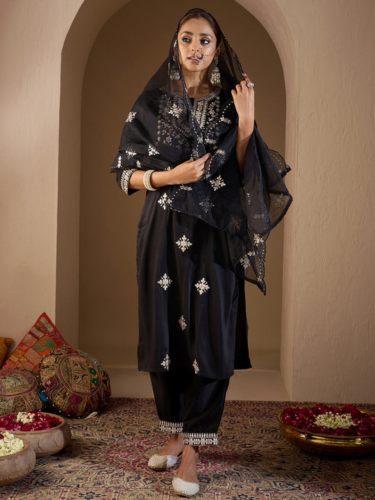 Indo Era Black Embroidered Straight Kurta Trousers With Dupatta set