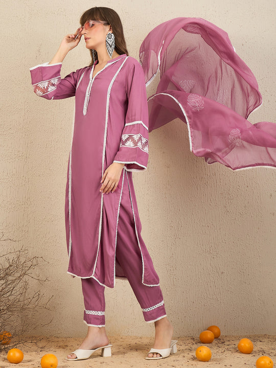 Indo Era Mauve Embroidered Straight Kurta Trousers With Dupatta set