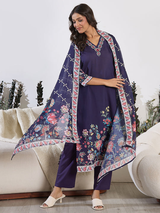Indo Era Purple Printed Straight Kurta Trousers With Dupatta set