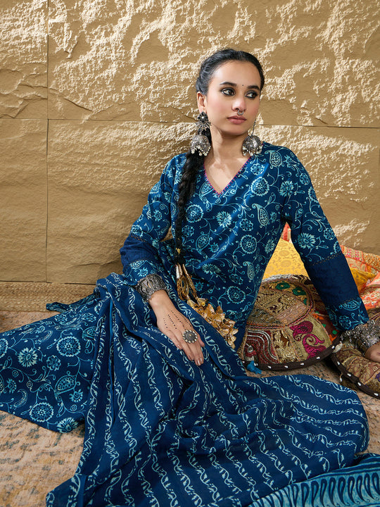 Indo Era Blue Printed Straight Kurta Trousers With Dupatta set