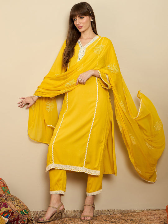 Yellow Embroidered Straight Kurta Trousers With Dupatta