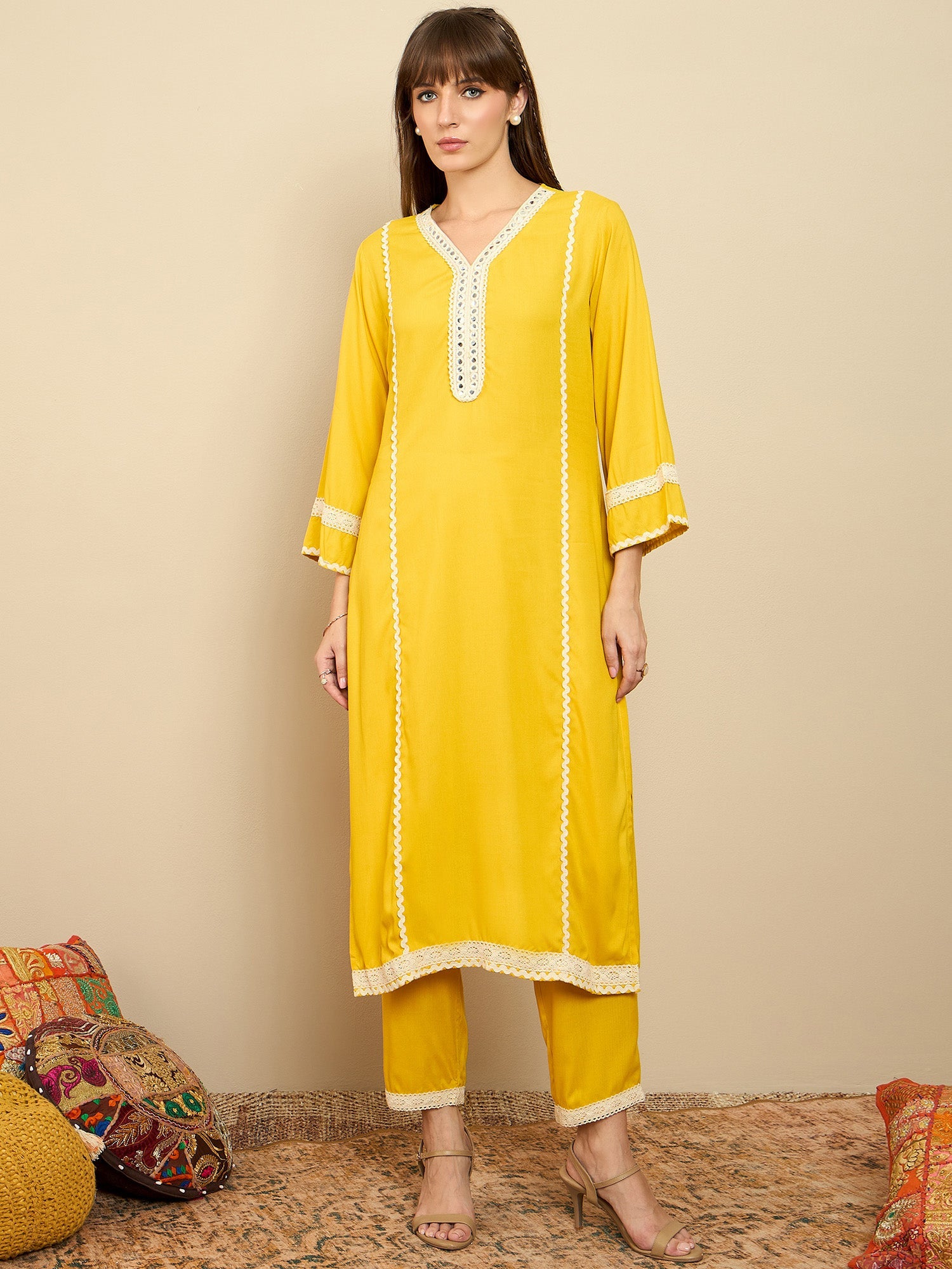 Yellow Embroidered Straight Kurta Trousers With Dupatta indoera Yellow Embroidered Straight Kurta Trousers With Dupatta indoera