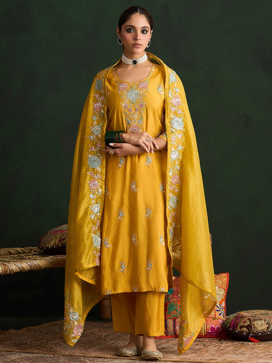 Indo Era Mustard Embroidered Straight Kurta Trousers With Dupatta set
