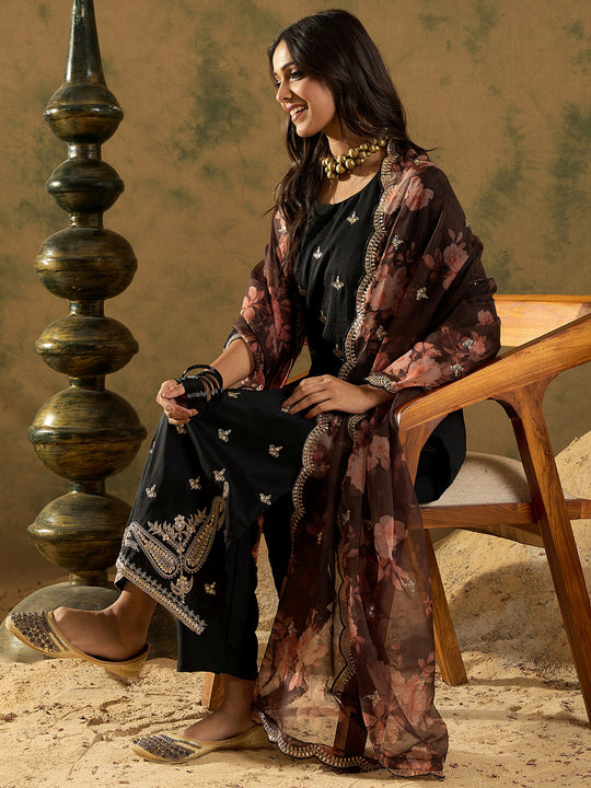 Indo Era Black Embroidered Straight Kurta Trousers With Dupatta set