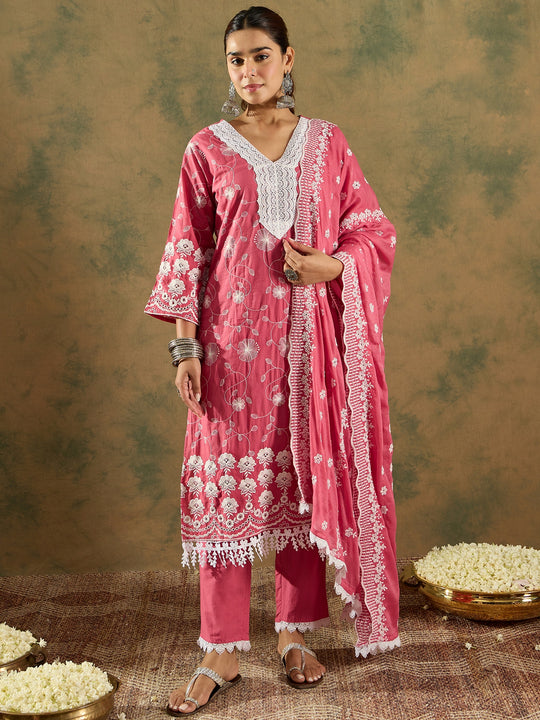 Indo Era Rust Embroidered Straight Kurta Trousers set