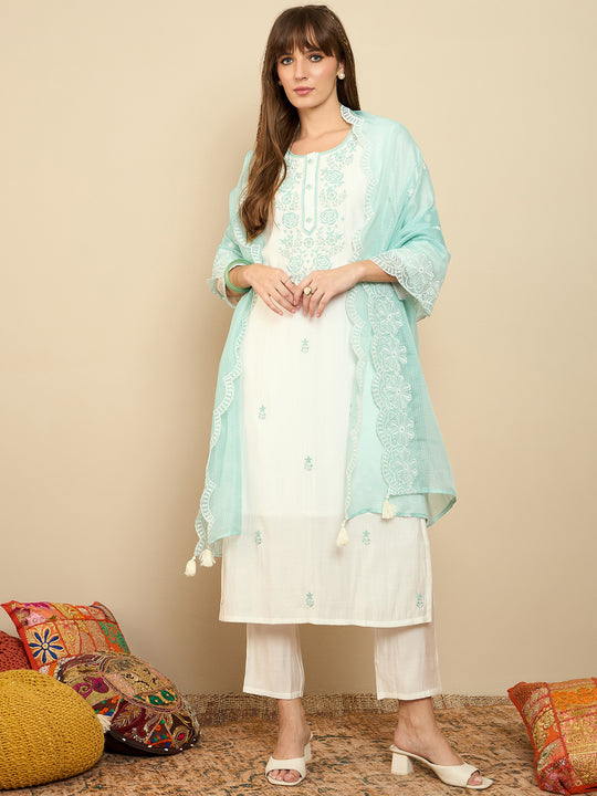 Indo Era White Embroidered Straight Kurta Trousers With Dupatta set