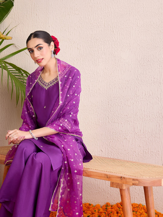 Indo Era Purple Embroidered Straight Kurta Sharara With Dupatta set