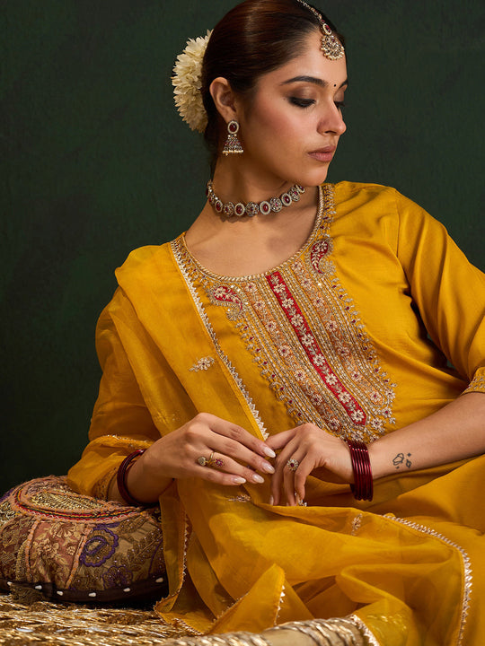 Indo Era Yellow Embroidered Straight Kurta Trousers With Dupatta set