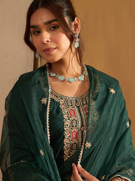 Indo Era Green Embroidered Straight Kurta Trousers With Dupatta set
