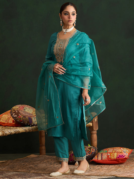 Indo Era Sea Green Embroidered Straight Kurta Trousers With Dupatta set