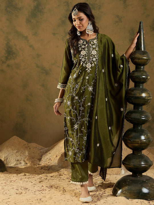Indo Era Green Embroidered Straight Kurta Trousers With Dupatta set