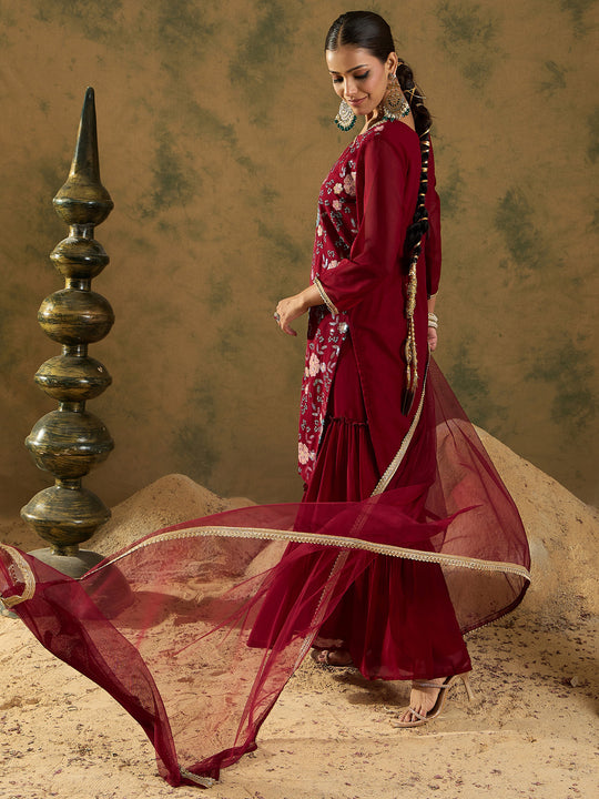 Indo Era Maroon Embroidered Straight Kurta Sharara With Dupatta set