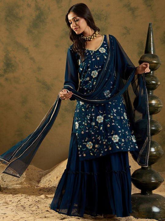 Indo Era Teal Embroidered Straight Kurta Sharara With Dupatta set