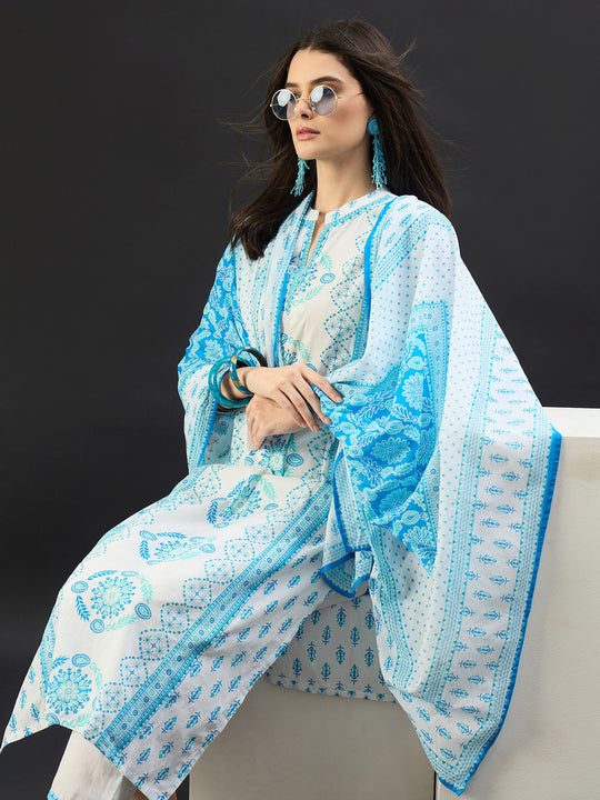 Indo Era Off White Printed Straight Kurta Trousers With Dupatta set