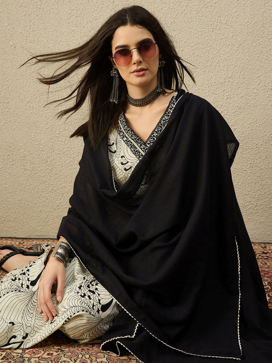 Cream Printed Straight Kurta Trousers With Dupatta