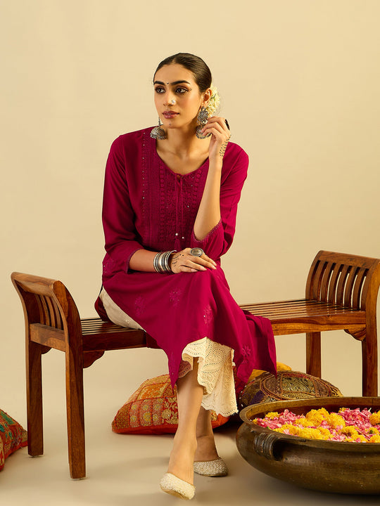 Indo Era Maroon Embroidered Straight Kurtas