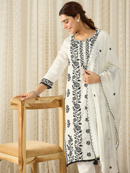 Indo Era White Embroidered Straight Kurta Trousers With Dupatta  Set