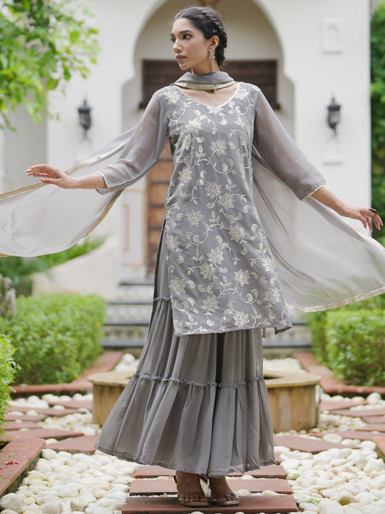 Indo Era Grey Embroidered Straight Kurta Sharara With Dupatta set