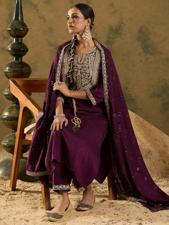 Indo Era Burgundy Embroidered Straight Kurta Trousers With Dupatta set