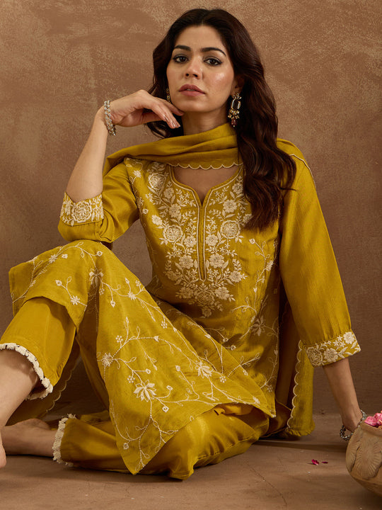 Indo Era Yellow Embroidered Straight Kurta Trousers With Dupatta  Set