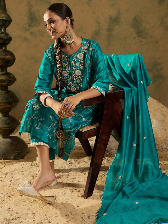 Indo Era Blue Embroidered Straight Kurta Trousers With Dupatta  Set
