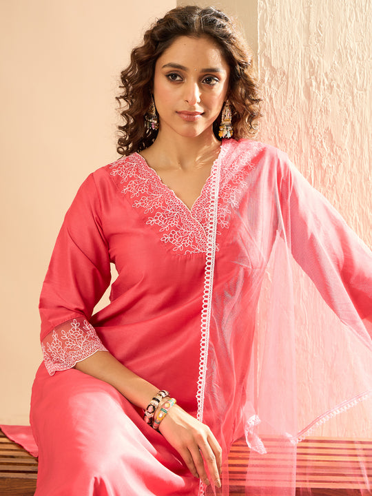 Indo Era Pink Embroidered Straight Kurta Trousers With Dupatta set