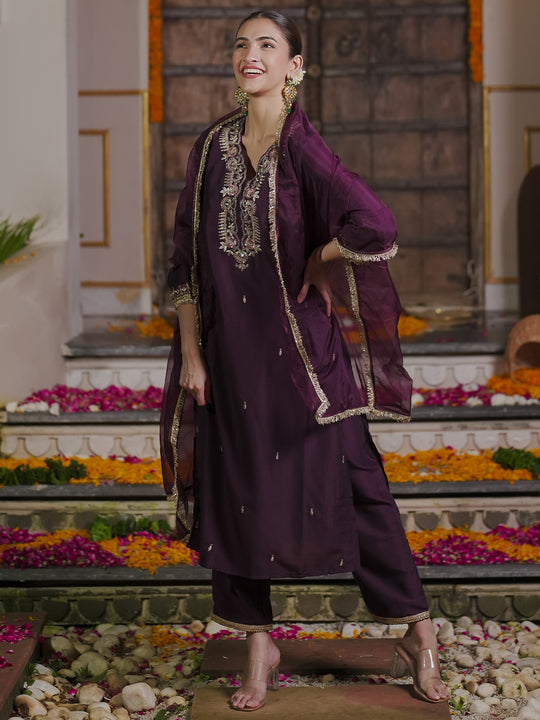 Indo Era Burgundy Embroidered Straight Kurta Trousers With Dupatta set