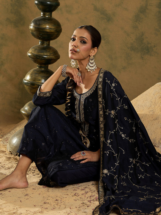 Indo Era Blue Embroidered Straight Kurta Trousers With Dupatta set