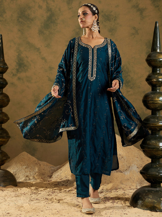 Indo Era Teal Embroidered Straight Kurta Trousers With Dupatta set