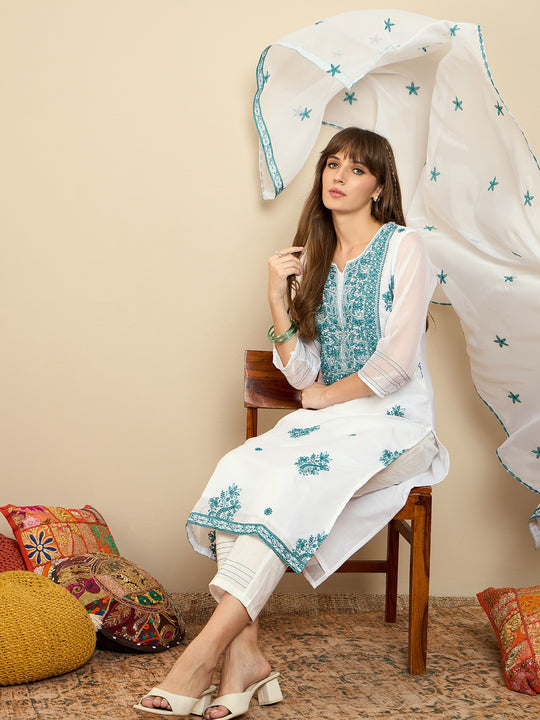 Indo Era White Embroidered Straight Kurta Trousers With Dupatta set