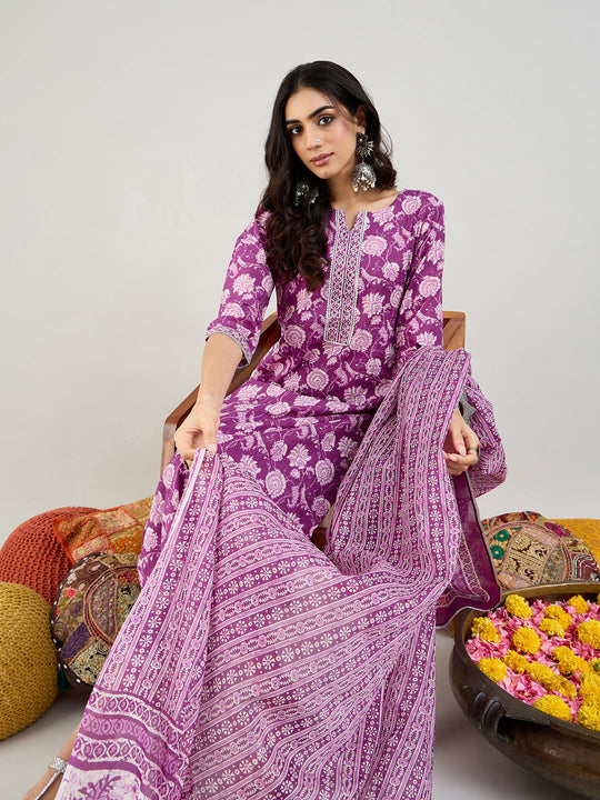 Indo Era Purple Printed Straight Kurta Trousers With Dupatta set