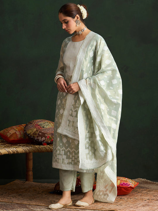 Indo Era Sea Green Woven Design Straight Kurta Trousers set