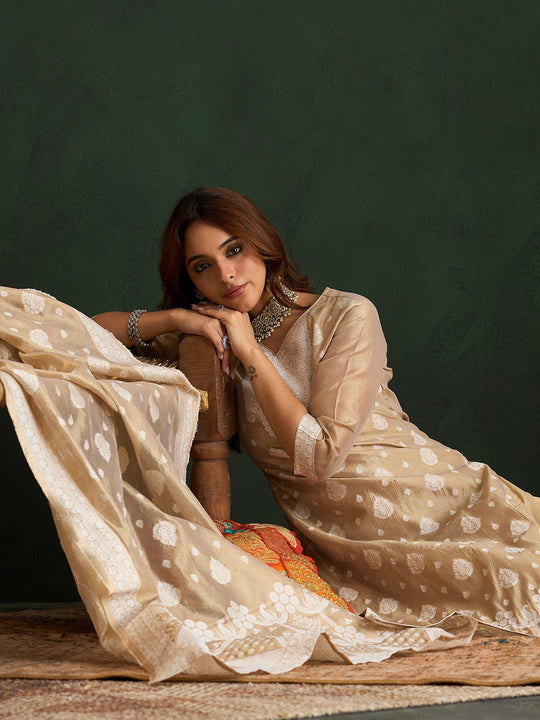 Indo Era Beige Woven Design Straight Kurta Trousers set