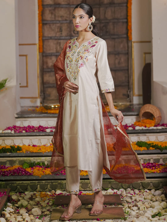 Off White Embroidered Straight Kurta Trousers With Dupatta