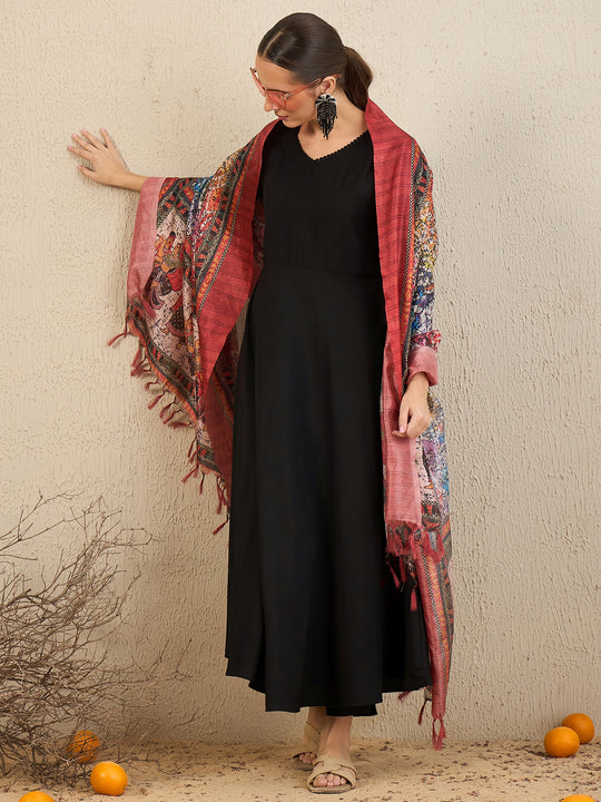 Indo Era Black Solid A-Line Kurta Trousers With Dupatta  Set