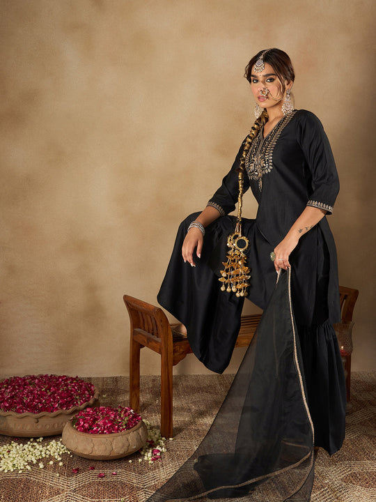 Indo Era Black Embroidered Straight Kurta Sharara With Dupatta  Set