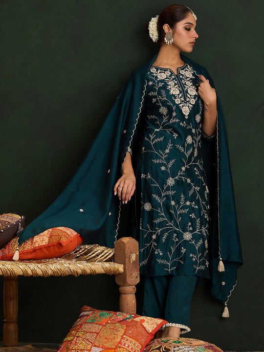 Indo Era Teal Straight Embroidered Kurta Trousers With Dupatta Set