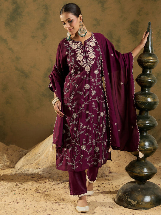 Indo Era Burgandy Straight Embroidered Kurta Trousers With Dupatta Set