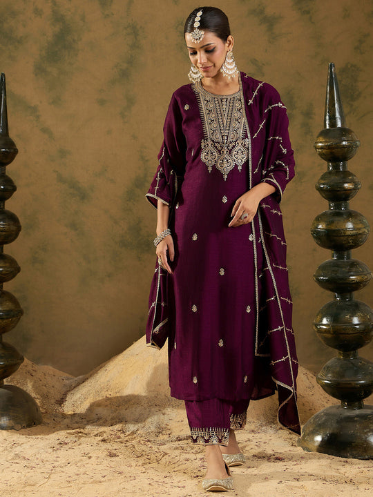 Indo Era Burgundy Embroidered Straight Kurta Trousers With Dupatta  Set