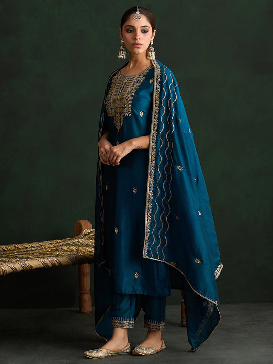 Indo Era Teal Embroidered Straight Kurta Trousers With Dupatta  Set
