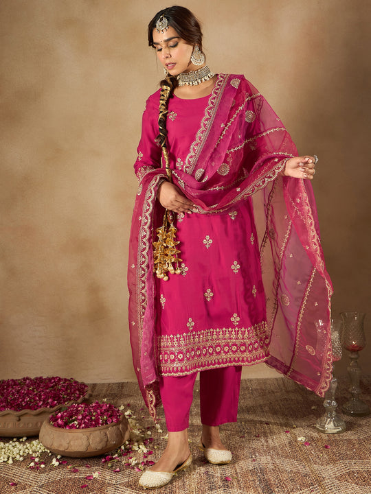 Indo Era Pink Straight Embroidered Kurta Palazzos With Dupatta Set