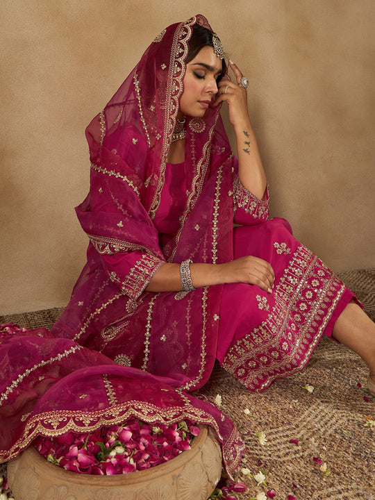 Indo Era Pink Straight Embroidered Kurta Palazzos With Dupatta Set
