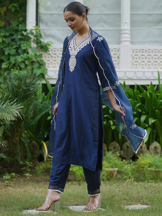 Navy Blue Embroidered Straight Kurta Trousers With Dupatta