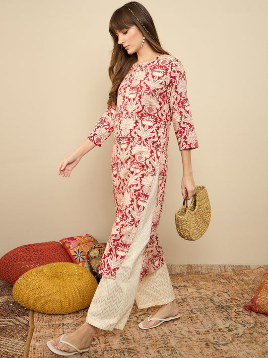 Red Floral Printed Straight Kurta